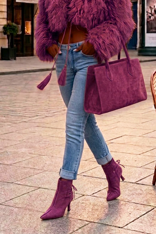 Dress ankle boots back laces in mulberry purple leather with high slim heels and pointed toe - Worn view